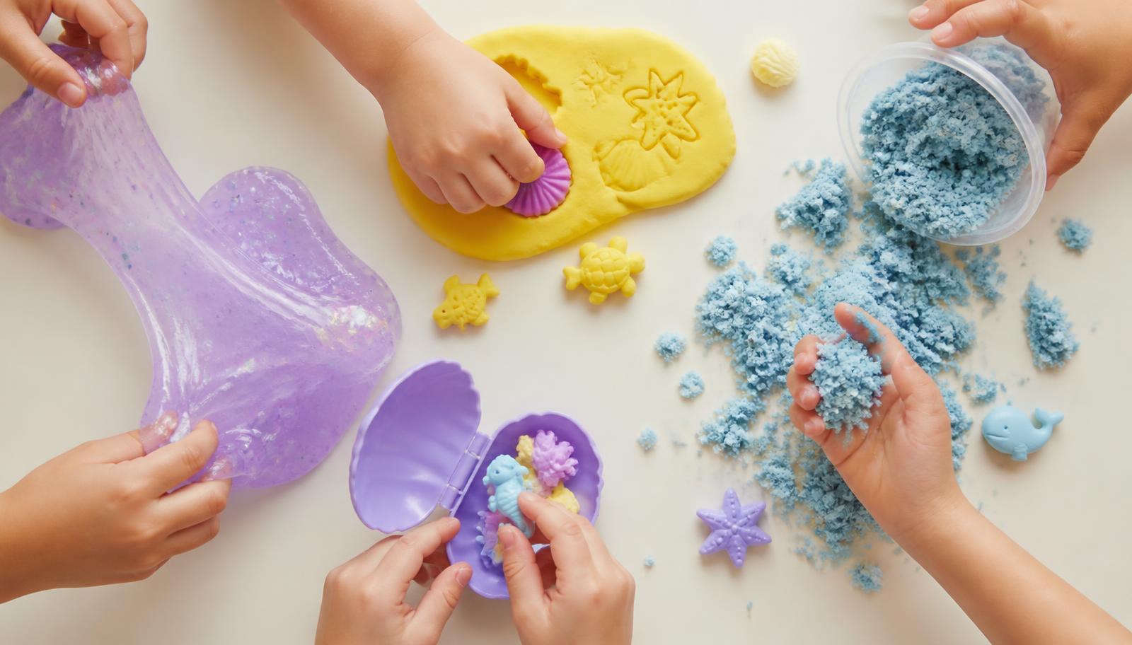 Hands exploring slime, playdough and sensory sand
